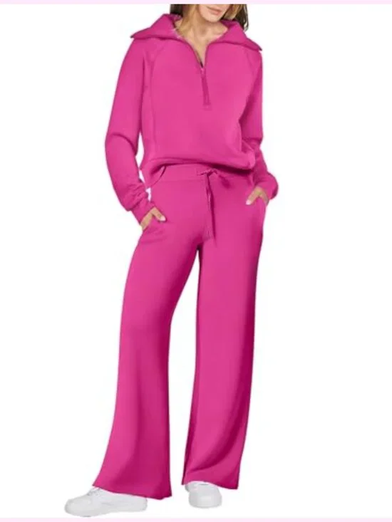2 Piece Outfit Half Zip Sweatshirt Wide Leg Pants Lounge Matching Sets Sweatsuit