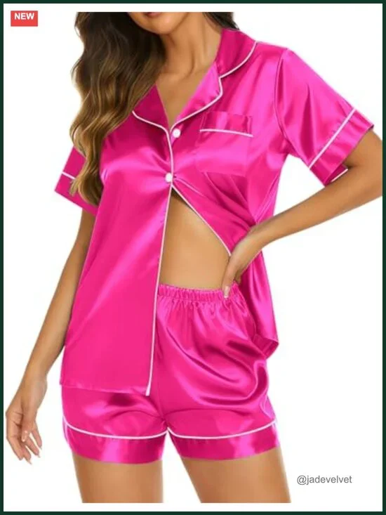 Silky Satin Pajama Shorts Set Short Sleeve Button Down Lounge Sleepwear