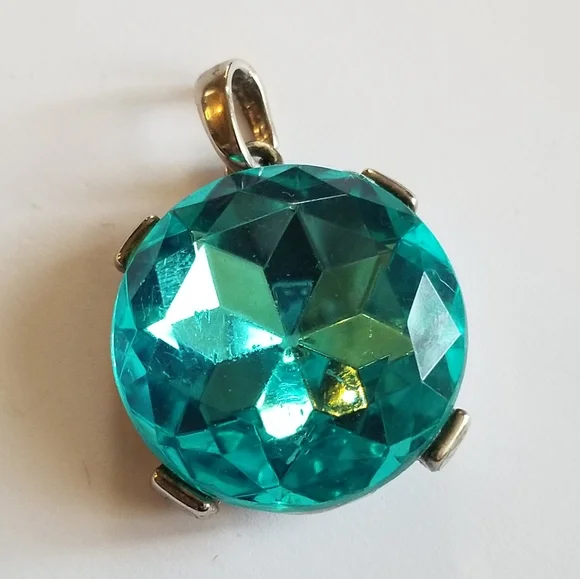 Vintage pendant Chunky faceted aqua blue rhinestone pendant foil backed