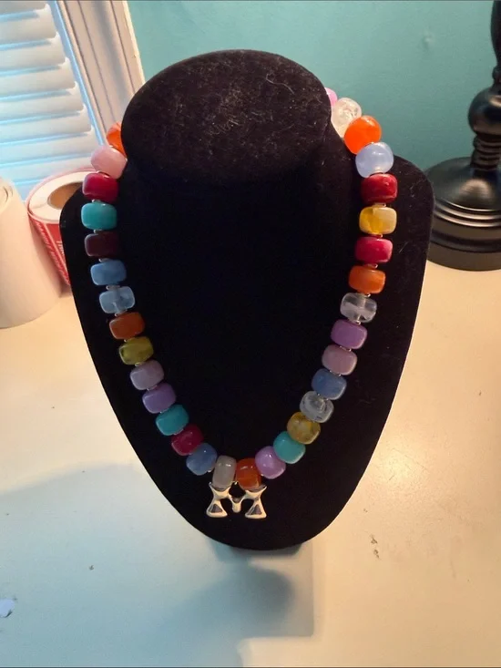 Colorful Glass Bead Necklace with Gold Charm - Multicolor