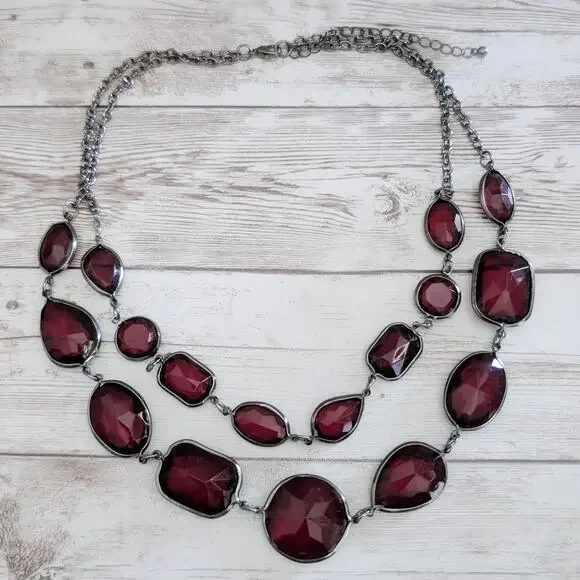 Vintage Necklace Dark Red and Dark Silver Tone / Grey Statement Necklace