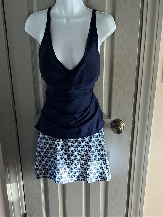 Navy Wrap-Style Tankini with Patterned Skirted Bottom.