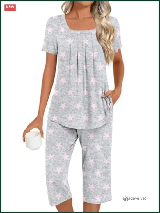 Women's Square Neck Pajama Set Soft Rayon Spandex 2 Piece Lounge Sleepwear