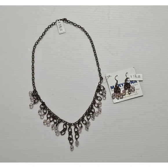 Mary Luna by Lourdes Trejo Pink Crystal Bib Necklace and Earring Set Copper Tone