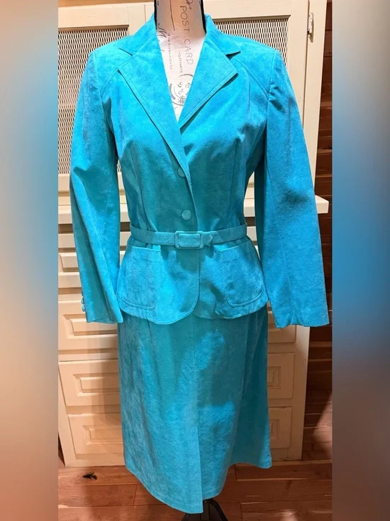VTG Roth-Le Cover Ultra Suede Skirt Set Matching Belt Turquoise Blue Blazer