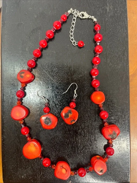 Red bamboo coral Beaded Necklace and Earrings Set - Bold Red Women's Jewelry