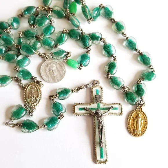 Vintage Saint Jude rosary bubble bead catholic lucite green silver gold tone