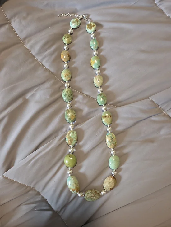 Sterling Silver Green Turquoise Bead Necklace 24in