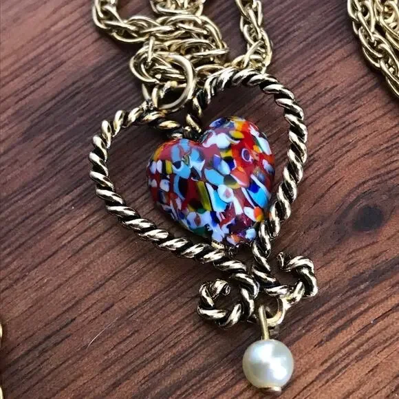 Sarah Coventry Twin Hearts Pendant Necklace Millefiori Glass Heart Gold Tone