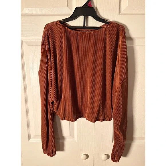 Pink Lily‎ Rust Brown Micro Pleated Two Piece Set Crop Top Wide Leg Pants Large