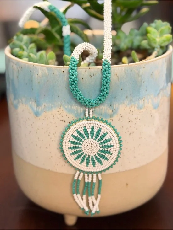 Turquoise and White Beaded Medallion Necklace Set