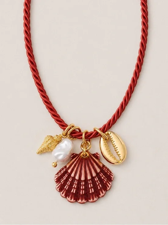 New! Coastal Red Cord Shell Pearl Charm Necklace NWOT 5002