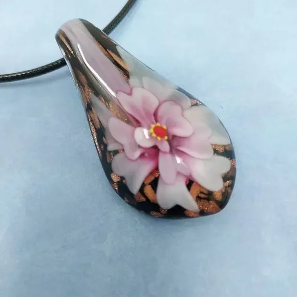 Murano Art Glass Pendant Necklace Pink Black Flower w/ 2 Cords Artisan