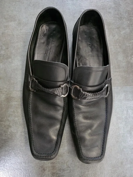 Salvatore Ferragamo Black Leather Loafers Men's 11 D Square Toe Braided