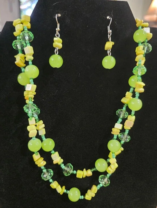 Handcrafted Lime Green Beaded Necklace & Earrings Set