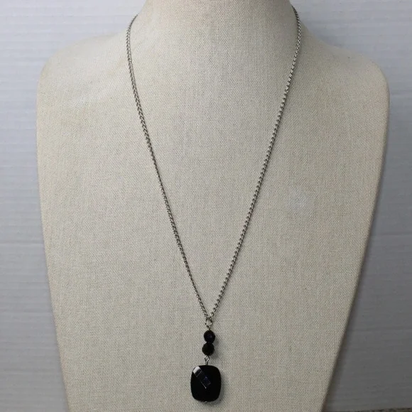 Pendant Necklace Faceted Black Stone Silver Tone 24 Inch Goth Minimalist Y2K SEO