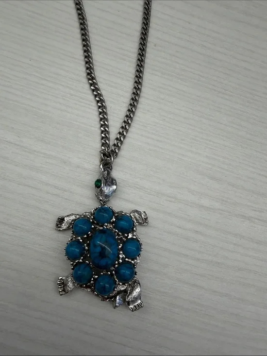Turquoise Turtle Pendant Necklace - Blue Gem Accent