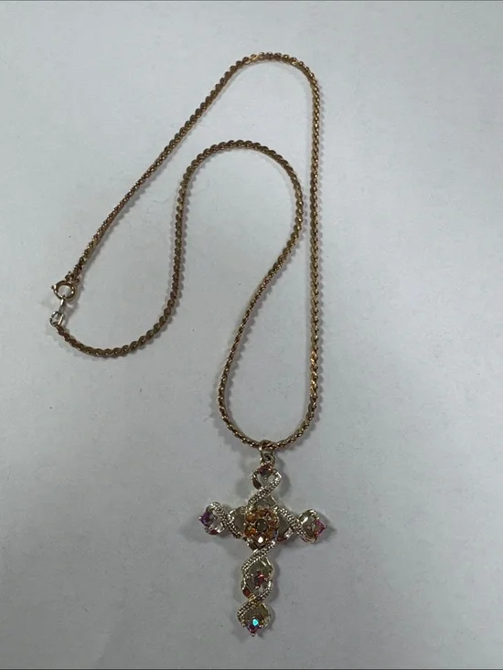 Gold-Tone Cross Pendant Necklace with Pink and Amber Accents