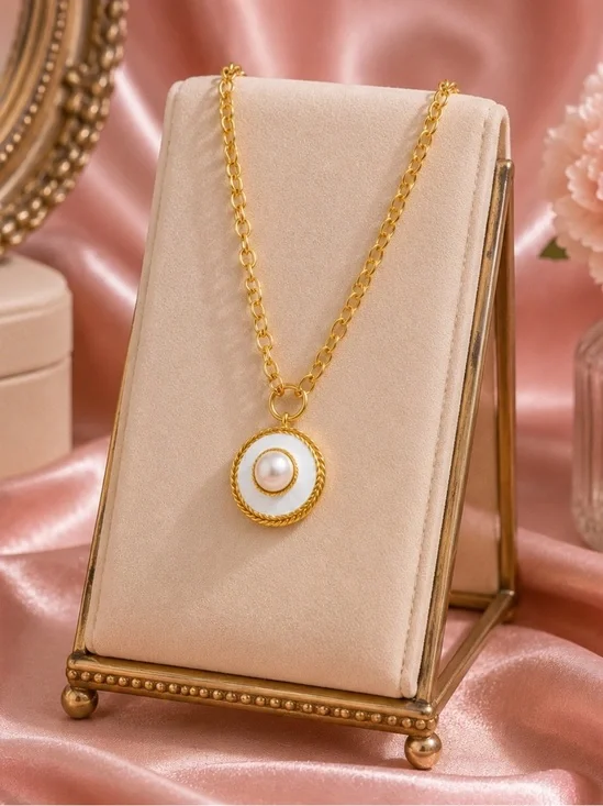 Gold Medallion White Pearl Circle Necklace