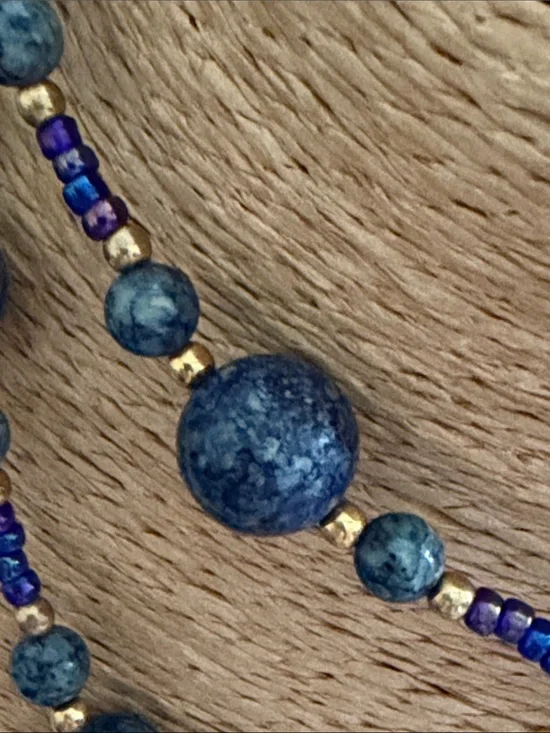 Blue lapis with tiny gold balls long or shorter it’s a lovely summer piece