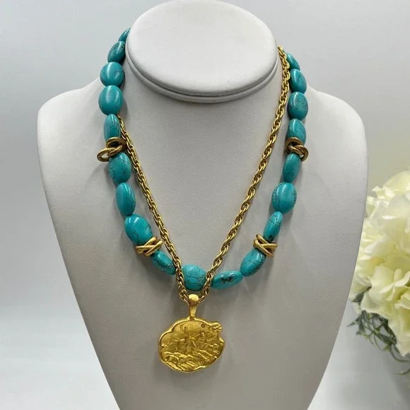 Susan Shaw Gold Tone Faux Turquoise Stone Equestrian Medallion Necklace 17-20