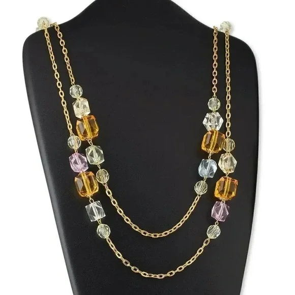 Super Long Chunky Gold Chain Amber Clear Faceted Acrylic Beads Necklace