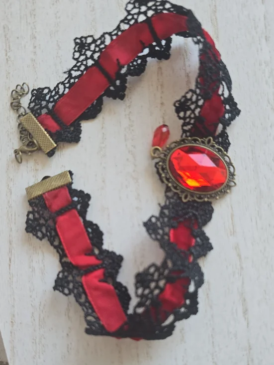Red Lace Ribbon Choker Necklace with Red Crystal Pendant