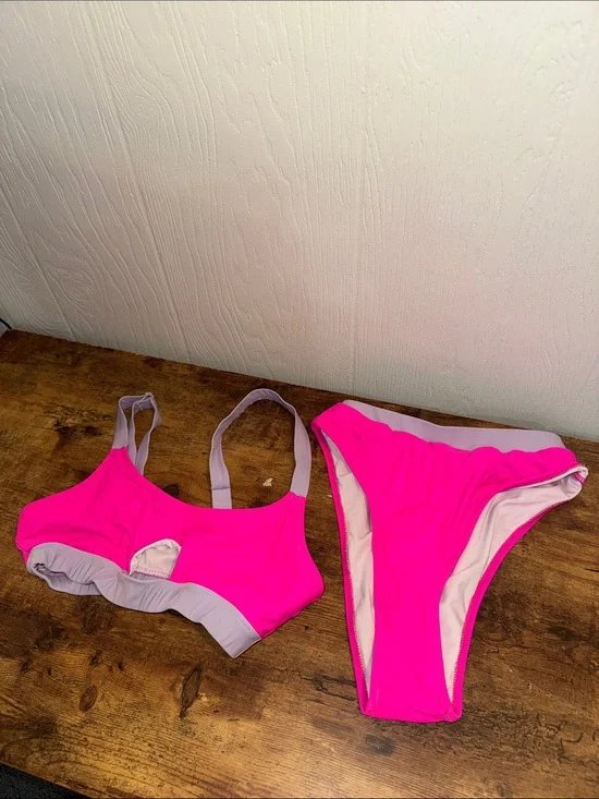 Neon Pink Two-Piece Bikini Set with Lilac Trim
