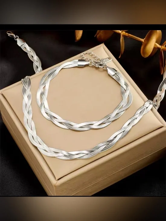 Silver Braided Necklace and Bracelet Set - Women Jewelry