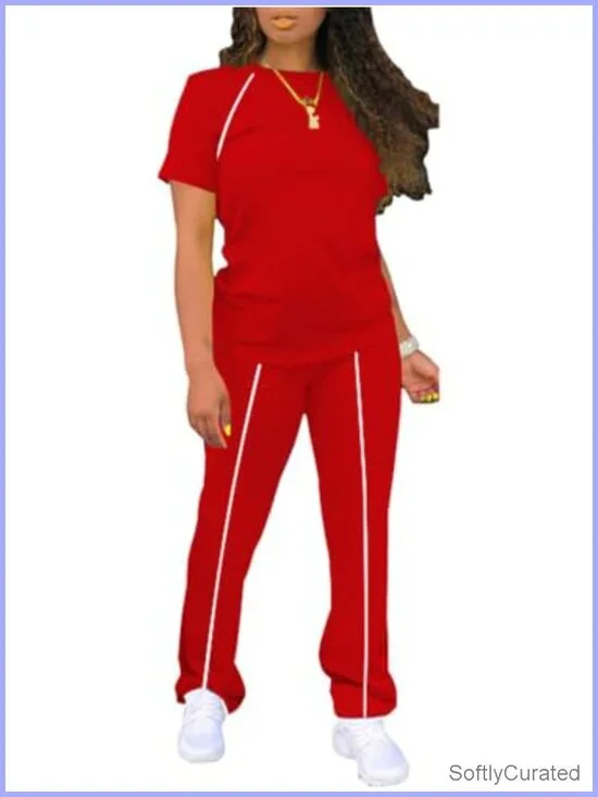 2 Piece Casual Short Sleeve Striped Loungewear Tracksuit Set for Women