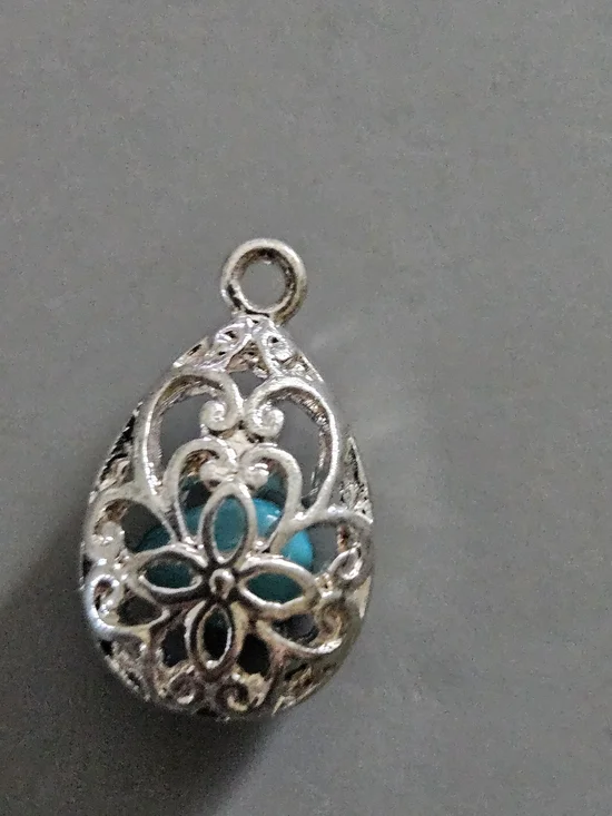 Silver Filigree Teardrop Pendant with Turquoise Stone  Accent