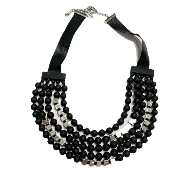 Chico's Faux Leather Matte Black & Silver Bead Multi Strand Necklace Chic‎