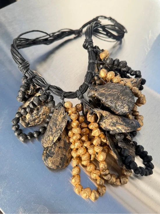 22” gold and black painted wood and cord wild statement necklace!