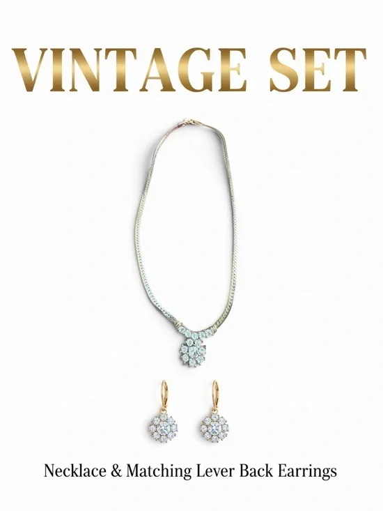 Vintage Gold and White Crystal Necklace & Earrings Set