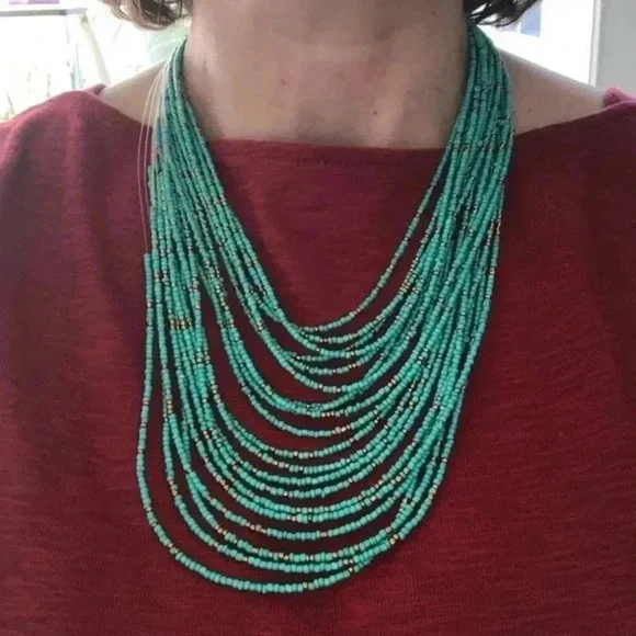 Pretty Handmade Ethnic Style Turquoise Multi Layer Seed Bead Necklace NWT