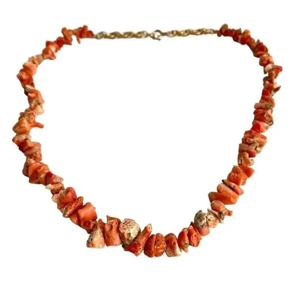 Vintage Coral Necklace Beaded Nugget Chip‎ 12K Gold Fill 60s Retro Estate Piece