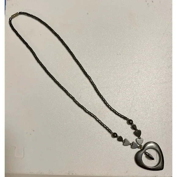 Vintage Hematite Heart Jewelry Pendant Necklace Gothic Energy Dark Metallic Look