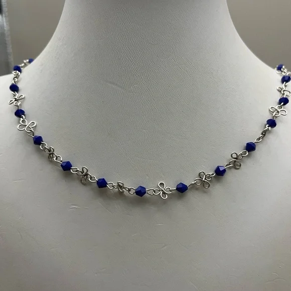 Elegant and Delicate Sterling Silver and Blue Beaded Necklace