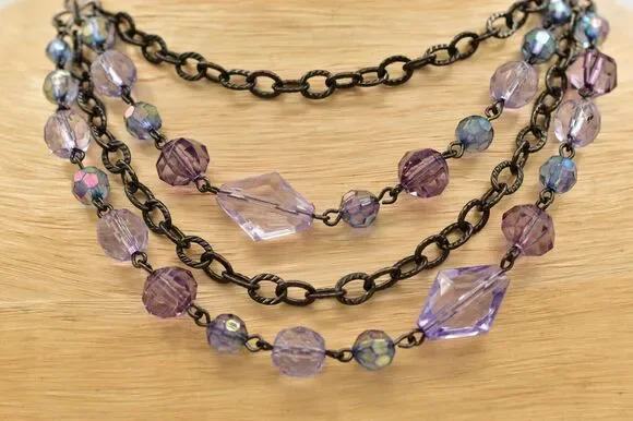 2028 Vintage Necklace Crystal Beaded Collar Purple Gunmetal Signed 1990s BinBD