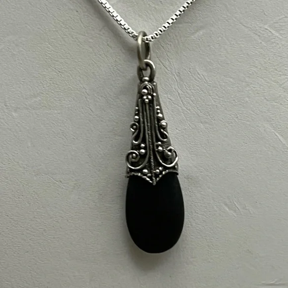 Victorian-Inspired Matte Black and Sterling Silver Filigree Necklace -Boho Chic