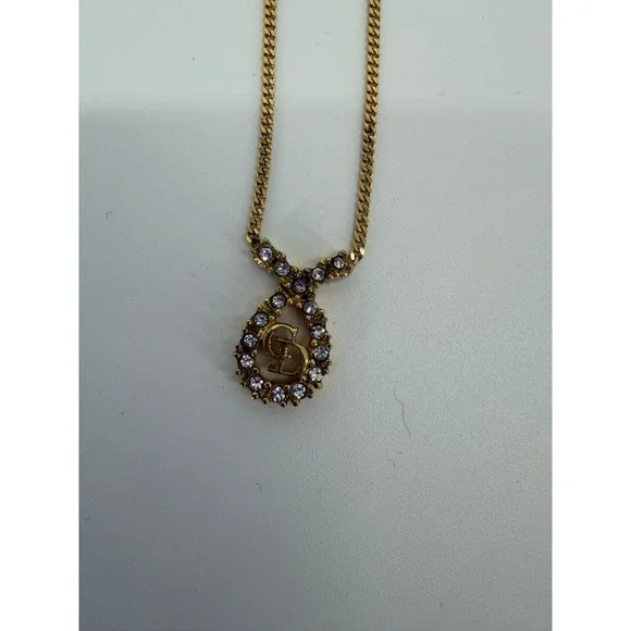 Authentic Vintage Dior Crystal Logo‎ Pendant Necklace Gold Tone Designer Jewelry