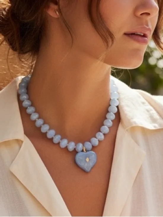 Blue Heart Beaded Necklace by