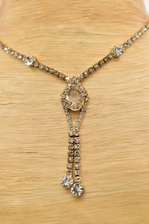 Vintage Crystal Collar Necklace Y Drop Prong Rhinestone Gold Tone Shiny BinBD