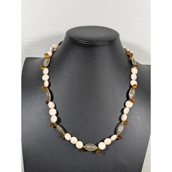 Amber Glass Briolette Bead Necklace Cream Beads Toggle Clasp 20