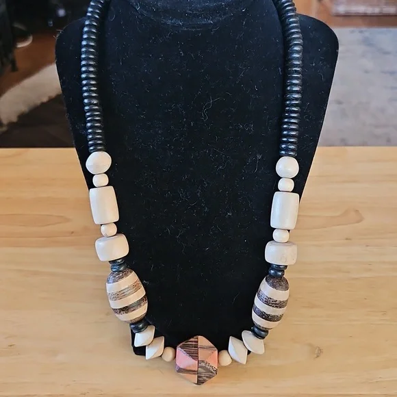 Wood Beaded Statement Necklace - Black and Brown