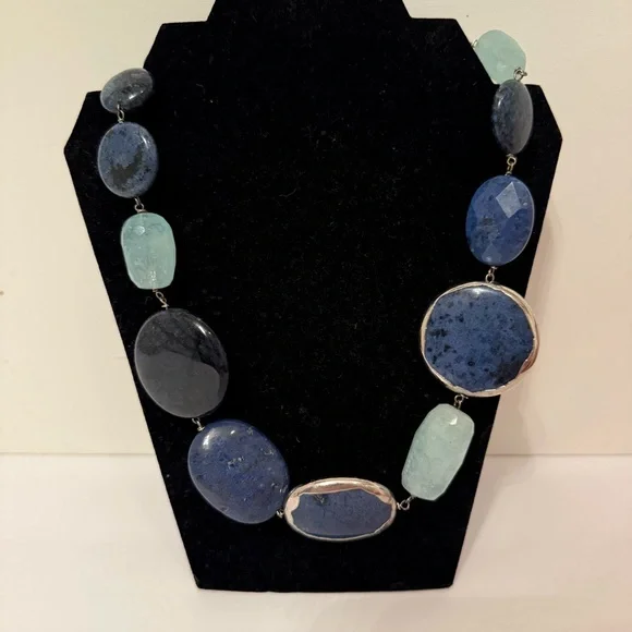NECKLACE DUMORTIERITE BLUE & GREEN QUARTZ CHUNKY STATEMENT STERLING SILVER 925