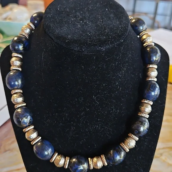 Elegant Deep Blue and Gold Beaded Necklace