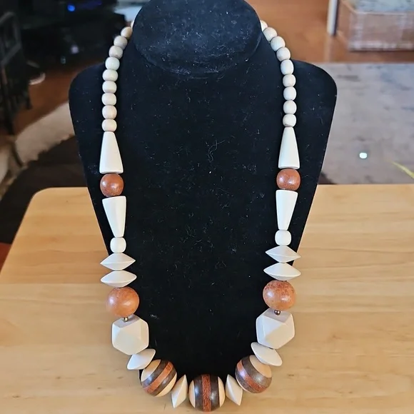 Wood Beaded Statement Necklace - Cream and Brown