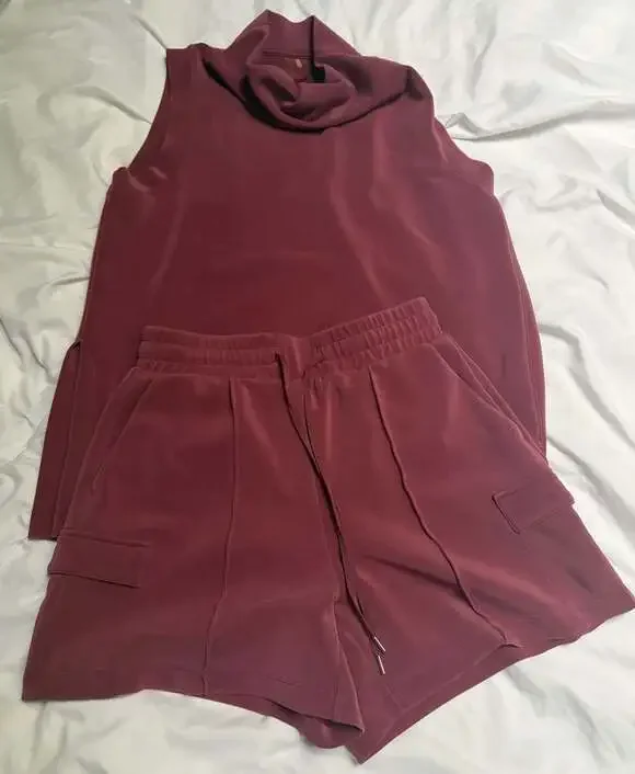 Calla Burgundy Cowl Neck Sleeveless Top and Cargo Shorts set S bottoms/M top
