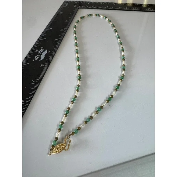 Beaded Fashion Necklace‎ Green Jade Faux Pearls Gold Tone Clasp